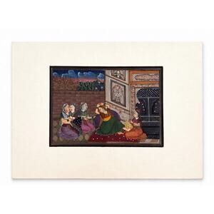 Antique Indian Miniature Painting Palace Scene Persian Script on Back 5.5” x 9”